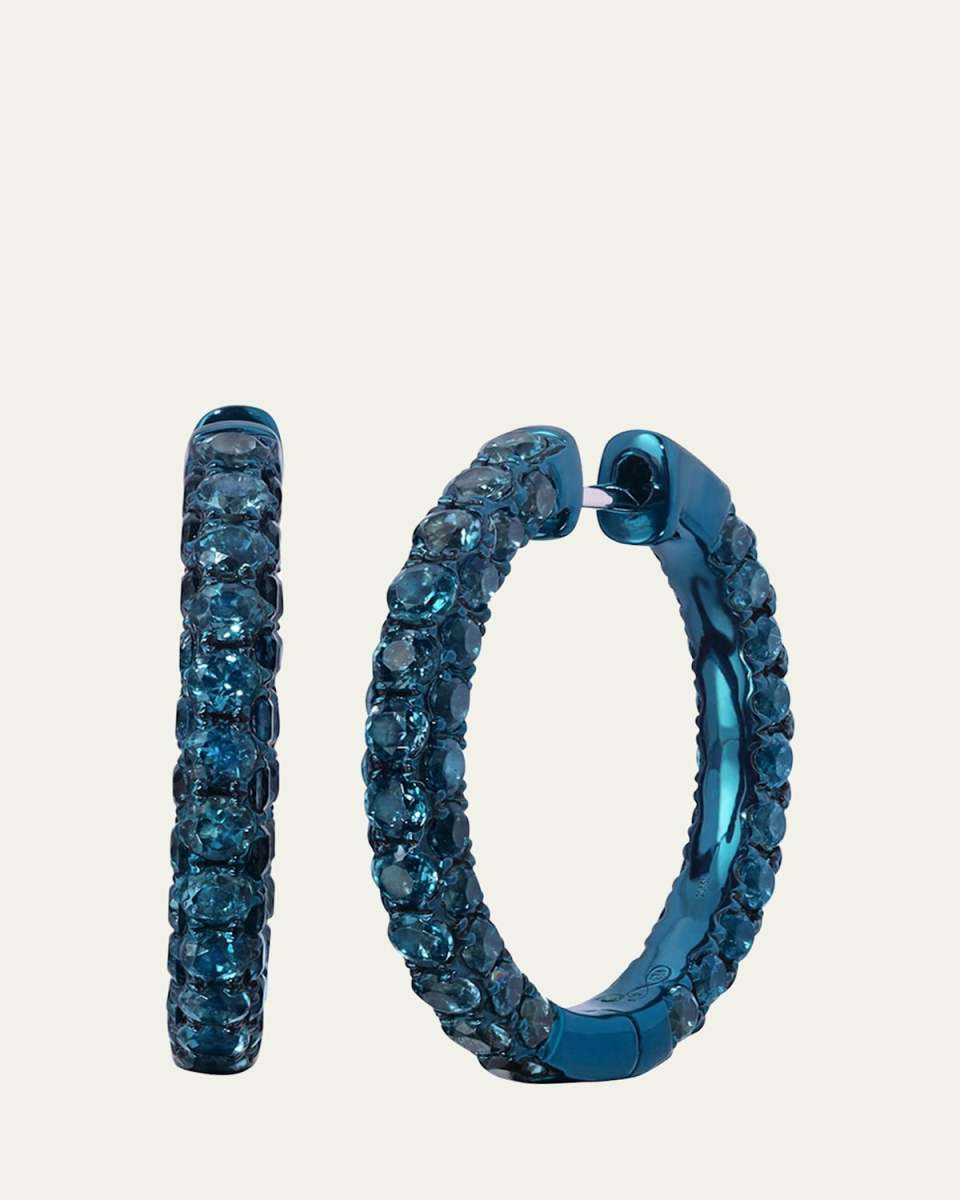 18K White Gold Large London Blue Topaz 3-Sided Hoop Earrings with Blue Rhodium
